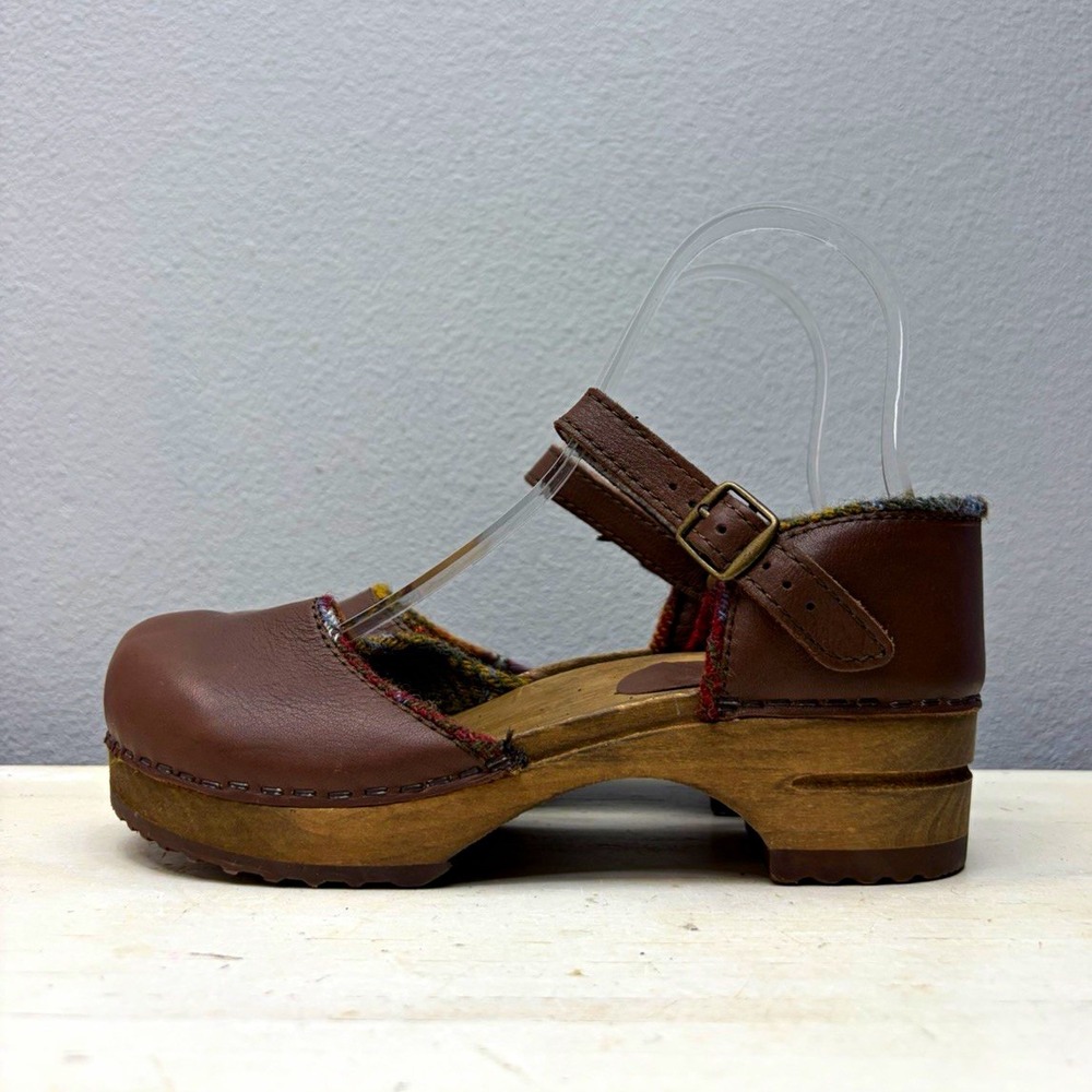 Sanita Brown Leather Mary Jane Wooden Clogs Size 38